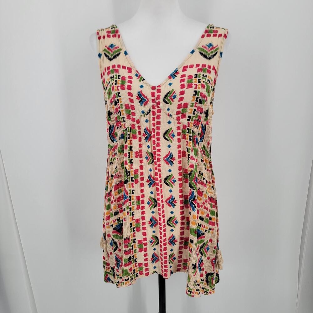 Fat Face Tank Top Womens 6 V Neck Cinch Side Tassels Geo Print Boho